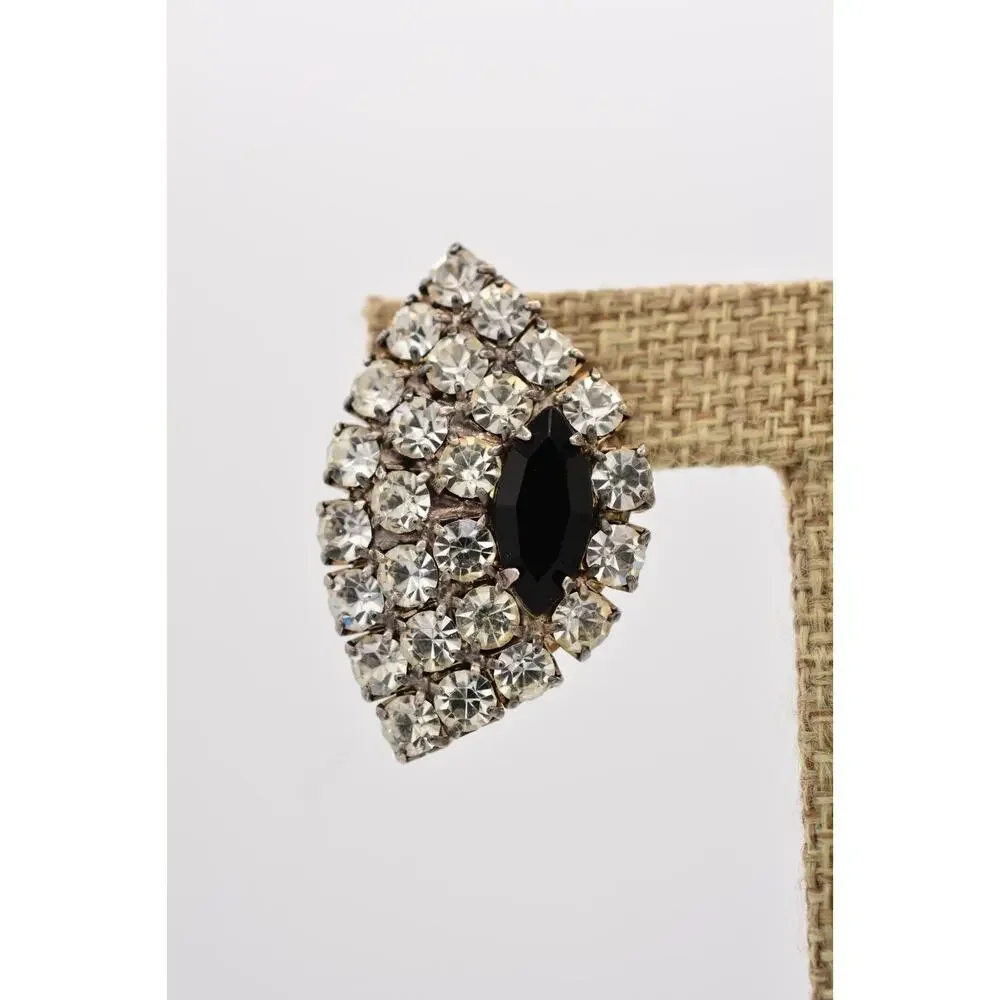 Vintage Crystal Earrings Black Marquise Prong Rhinestone Sparkling 1980s 9D